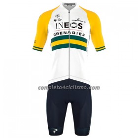 Completo Maglia + Pantaloncino con bretelle 2023 INEOS Grenadiers Campione Australiano Manica Corta Giallo Bianco